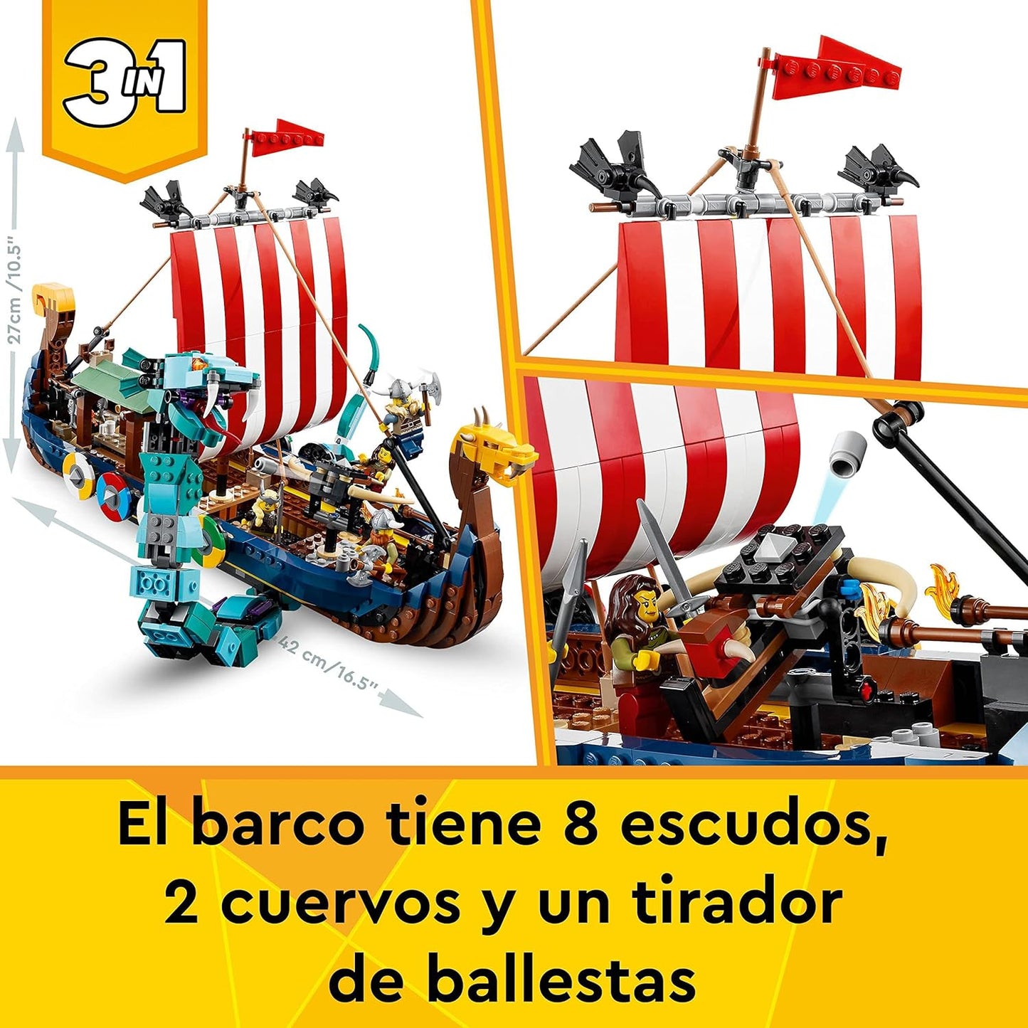 LEGO Creator 3 en 1 31132 Barco Vikingo y Serpiente Midgard