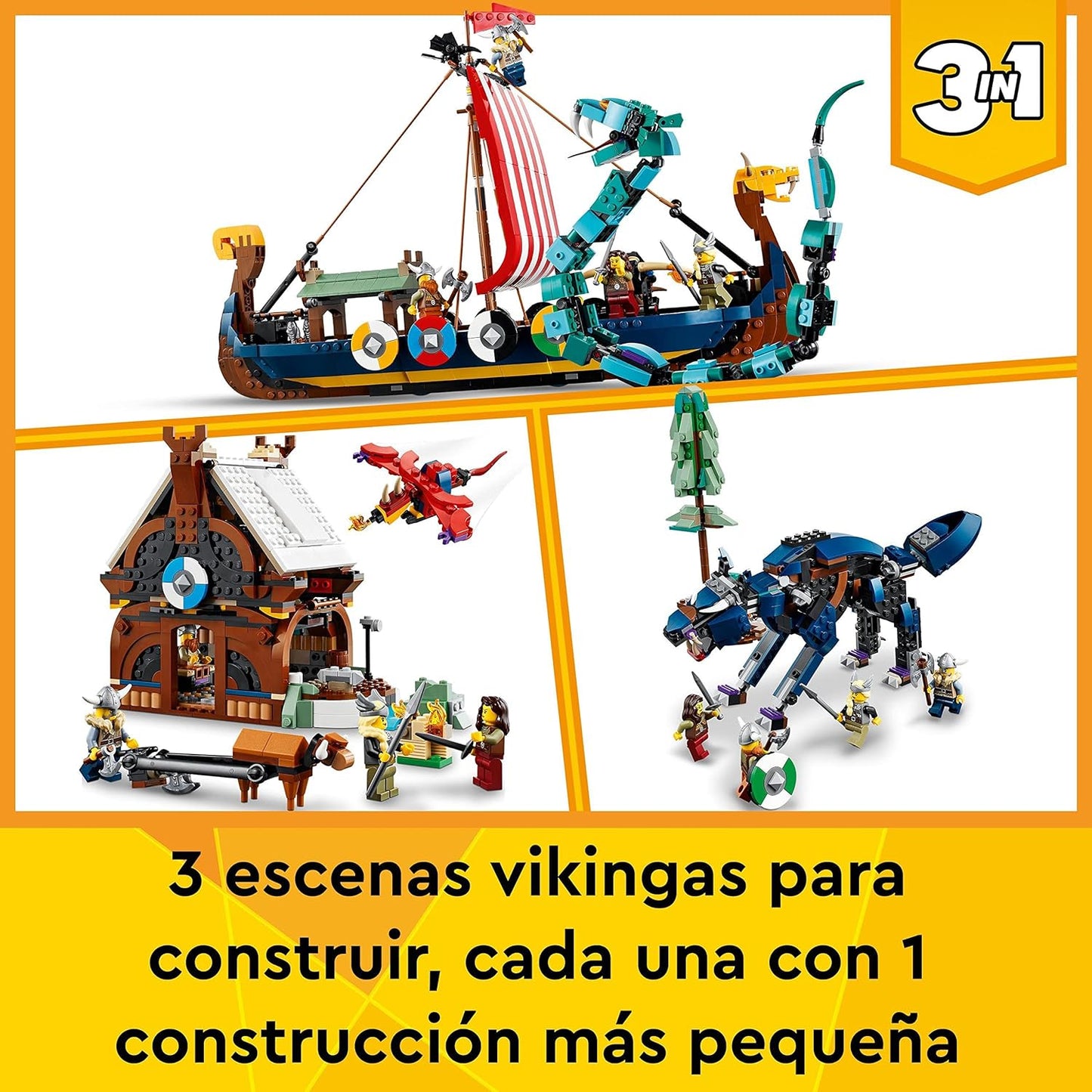 LEGO 31132 Creator 3 en 1 - Barco Vikingo y Serpiente Midgard